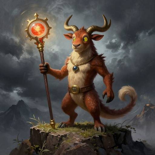 Fantasy digital painting of a muscular, red-furred, horned creature with glowing yellow eyes, holding a glowing red orb staff, standing on a