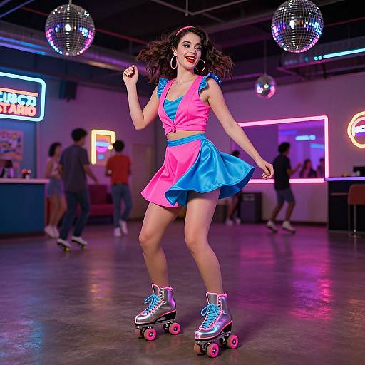 Photograph of a smiling woman with curly hair, wearing a pink and blue dress, roller skates, and hoop earrings, dancing in a neon-l