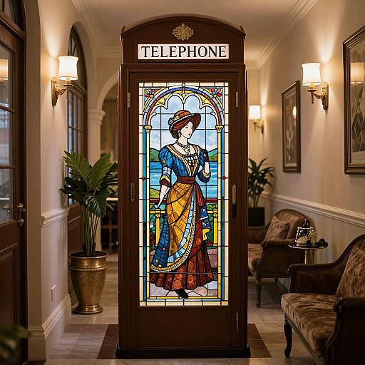 Photograph of a Victorian-style hallway featuring a stained glass telephone booth with a woman in a blue dress and red skirt.