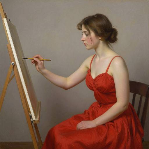 Photograph of a fair-skinned woman with dark brown hair in a red, sleeveless dress, painting on an easel with a brush.