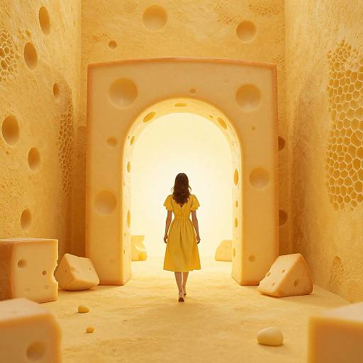 Photograph of a child in a yellow dress walking through a bright, honeycomb-like tunnel with cheese-shaped holes and blocks.