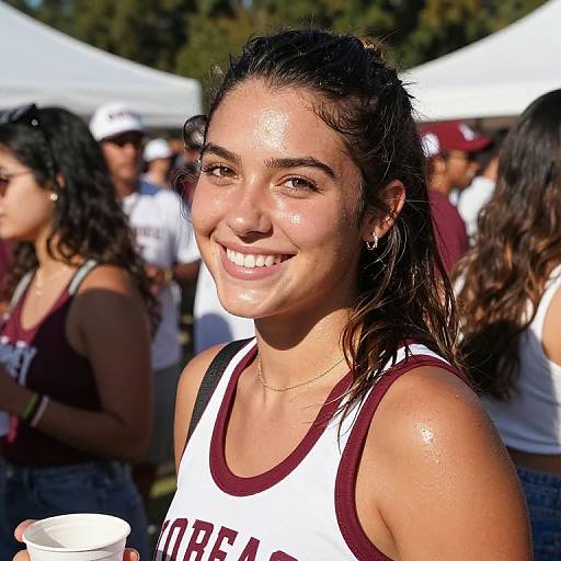 Photograph of smiling young woman with wet, sunlit skin, wearing a white and maroon tank top, holding a cup, surrounded by people at