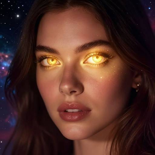 Photograph-style digital art: Close-up of a woman with glowing, golden-yellow eyes, dark brown hair, and glossy lips, set against a star