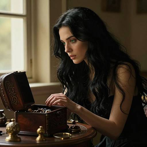 Photograph of a woman with long black hair, green eyes, and pale skin, focused on an ornate wooden jewelry box in dimly lit room