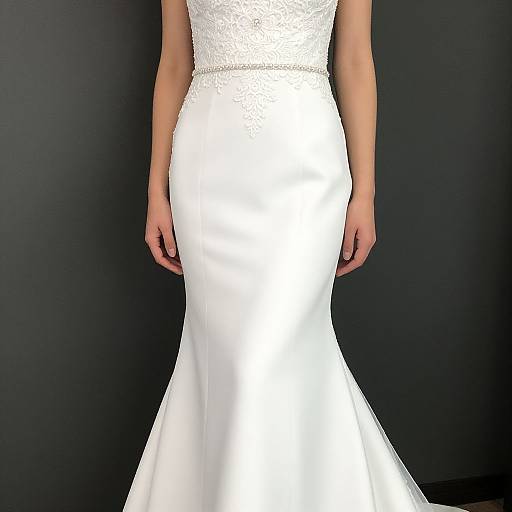 Photograph of a woman in a form-fitting, white, lace-trimmed, mermaid-style wedding dress, against a solid black background,