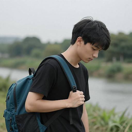 Young Man with Teal Backpack in Nature