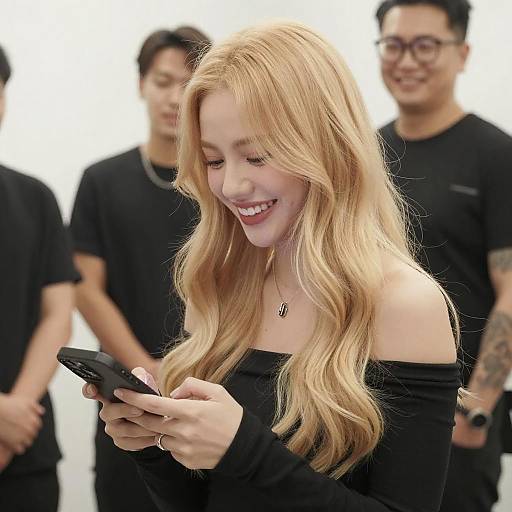 Smiling Woman with Group in Bright Light