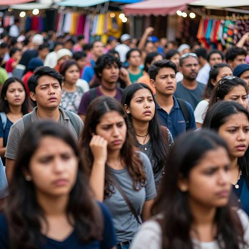 Photograph of a crowded street protest with diverse, serious-faced men and women in casual clothing, background of colorful market stalls.