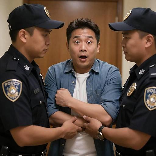 Man Being Detained by Police Officers Indoors