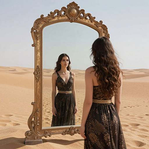 Photograph of a woman with long dark hair in a black, patterned dress, standing in a desert, facing an ornate gold-framed mirror