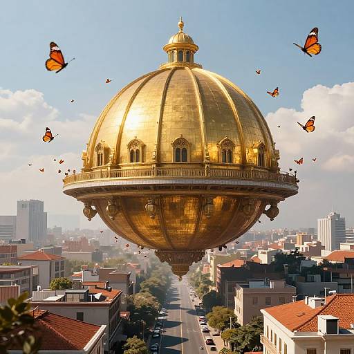 Photograph of a golden, dome-shaped, floating building with ornate windows, surrounded by orange butterflies, above a cityscape with red-roofed