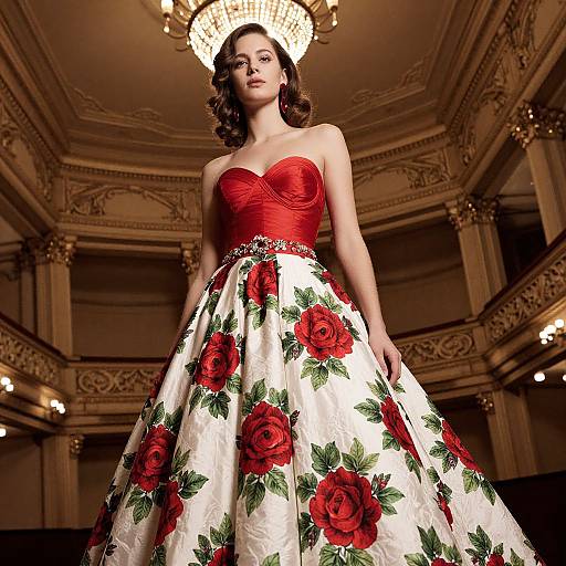 Photograph of a confident woman in a strapless red corset and white floral ballgown, standing in an ornate, chandelier-lit