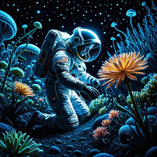 Astronaut Discovering Alien Bioluminescent Flora