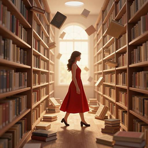 Digital art: Silhouetted woman in red dress walks through a sunlit, aisle of towering bookshelves with floating books and scattered books on