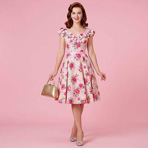 Photograph of a smiling woman with fair skin and dark red hair, wearing a white floral vintage dress, holding a gold handbag, standing against a