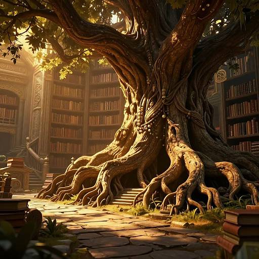 Magical library scene: sunlit, ancient tree with gnarled roots growing through stone floor, surrounded by bookshelves, sunlight filtering through leaves