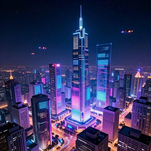 Neon-lit, futuristic cityscape at night, showcasing towering skyscrapers with vibrant blue, pink, and purple lights; busy streets below,