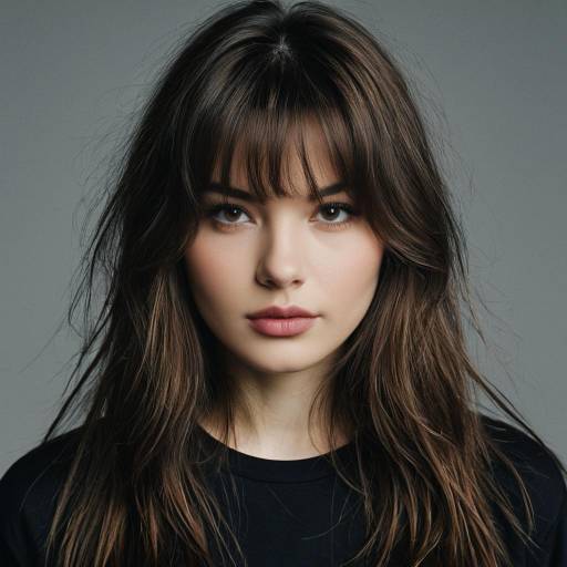 Portrait of young woman with micro fringe and long brown hair