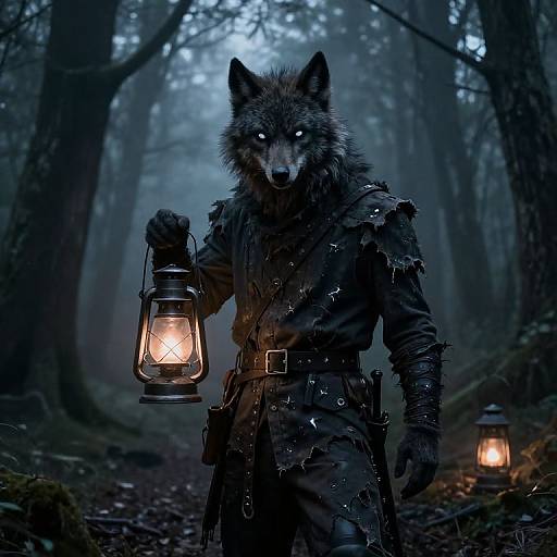 Digital art of a werewolf with glowing eyes, wearing dark, tattered armor, holding a lit lantern in a misty, blue-tinged