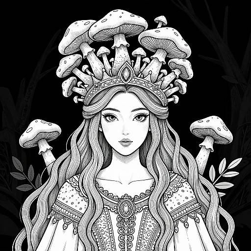 Intricate Mushroom Queen Line Art