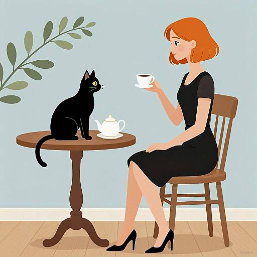 Stylish Woman with Cat and Teacups