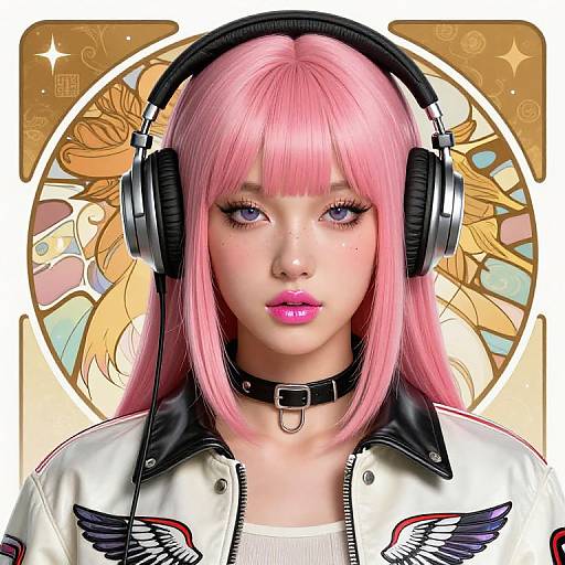 Digital art of a pink-haired woman with purple eyes, wearing black headphones, a white jacket with black wing details, and a black choker, against