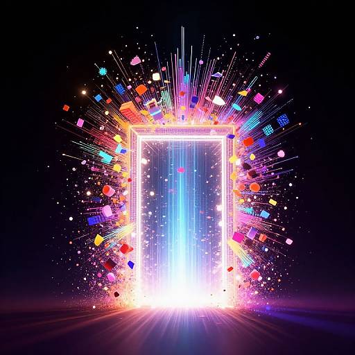 Digital artwork of a glowing, radiant rectangular frame bursting with colorful, neon squares and lines against a dark background.