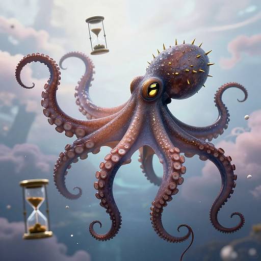 Digital illustration of a purple octopus with yellow eyes and spiked head, surrounded by floating hourglasses, against a cloudy, sunlit sky.