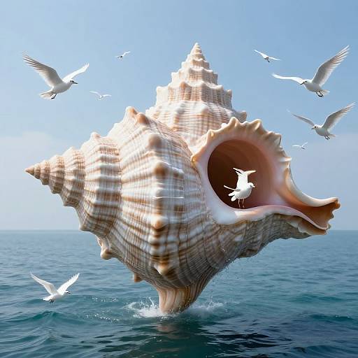 Photograph of a large, spiral-shelled seashell floating on calm ocean water, surrounded by white seagulls against a clear blue sky.