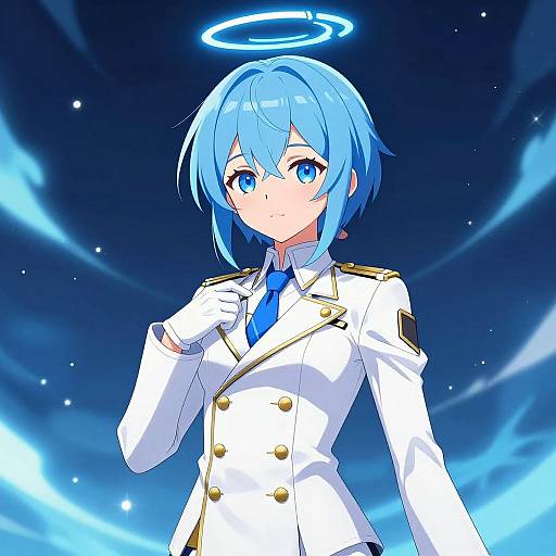 Anime-style digital illustration of a blue-haired girl with a glowing halo, wearing a white military-style jacket with gold buttons and a blue tie, against a