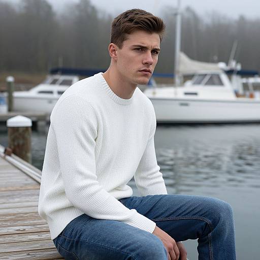 Serious Young Man on Misty Dock