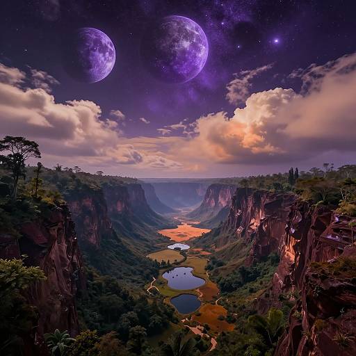 Fantastical landscape: vibrant purple moonlit sky, two glowing moons, starry night, colorful river winding through lush canyon, towering cliffs, dense