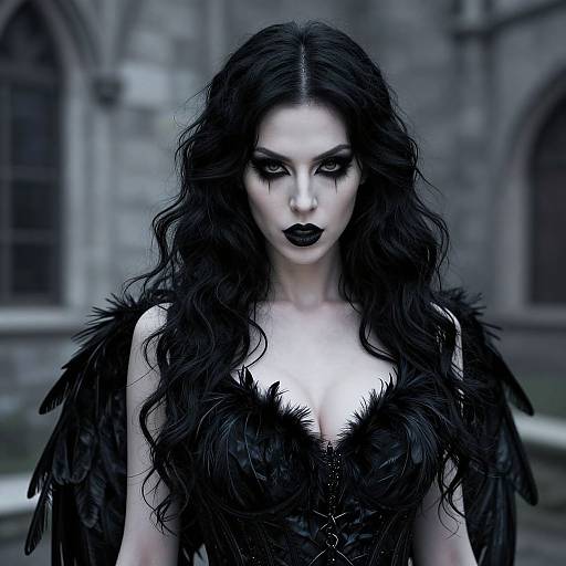 Gothic-style photograph of a pale woman with long black wavy hair, black feathered wings, and dark makeup, standing in front of a