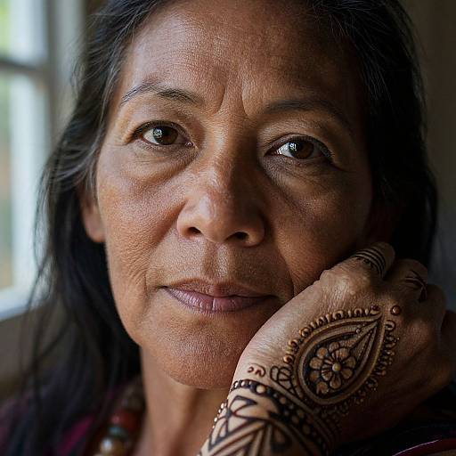 Close-up photograph of an elderly Indian woman with dark hair, brown eyes, and intricate henna patterns on her right hand, resting her cheek against it