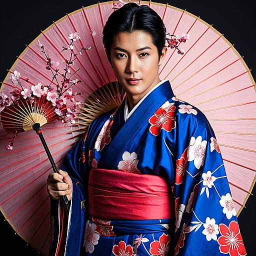 Japanese Man in Floral Kimono Holding Cherry Blossom Parasol