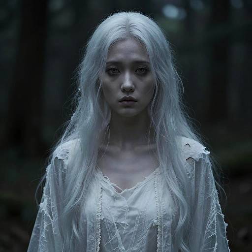 Photorealistic digital portrait of a pale, ethereal woman with long, white hair, wearing a sheer, white, lace-trimmed top,