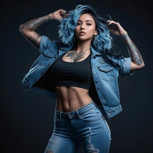 Fashionable young woman with blue hair and tattoos