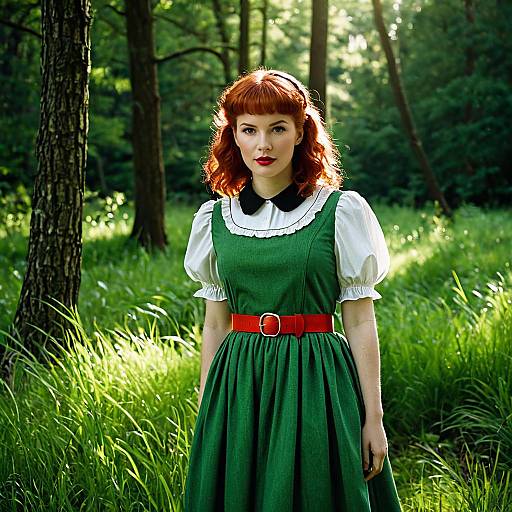 Red-Haired Woman in Green Pinafore Dress Standing in Forest