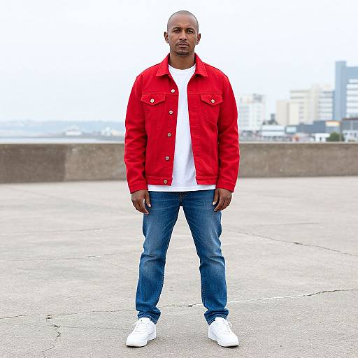 Photograph of a tall, bald Black man in a bright red jacket, white shirt, blue jeans, and white sneakers, standing on a concrete rooftop