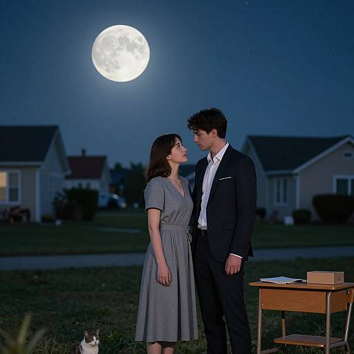 Moonlit Night with Couple and Cat