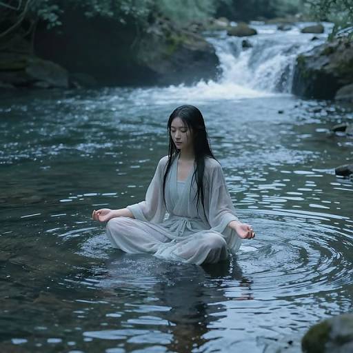 Photograph of a serene Asian woman with long black hair, wearing a white, wet, long-sleeve robe, meditating in a forest stream