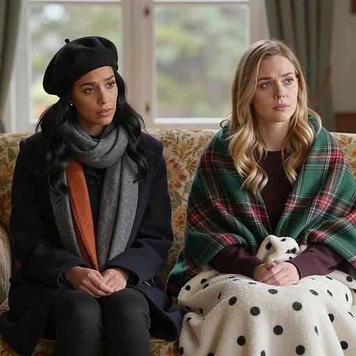 Two Women Sitting on Couch with Concerned Expressions