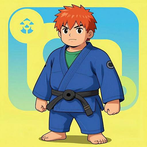 Digital anime-style drawing of a chubby, red-haired boy in a blue judo gi with black belt, green shirt, and serious expression, against a
