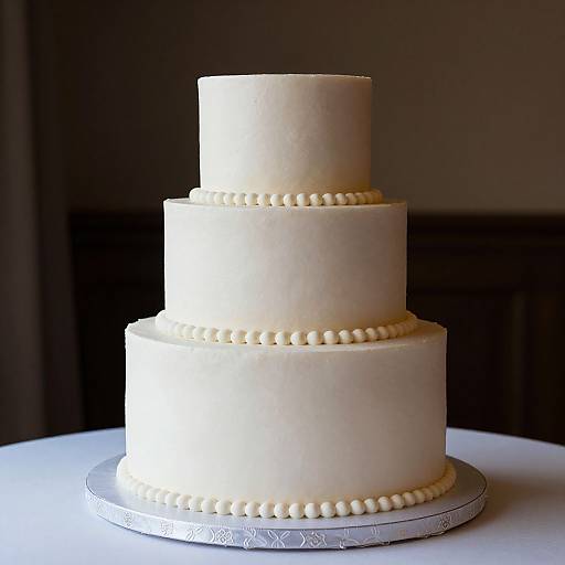 Photograph of a three-tiered white wedding cake with pearl bead borders on each tier, placed on a silver cake stand. Dark background.
