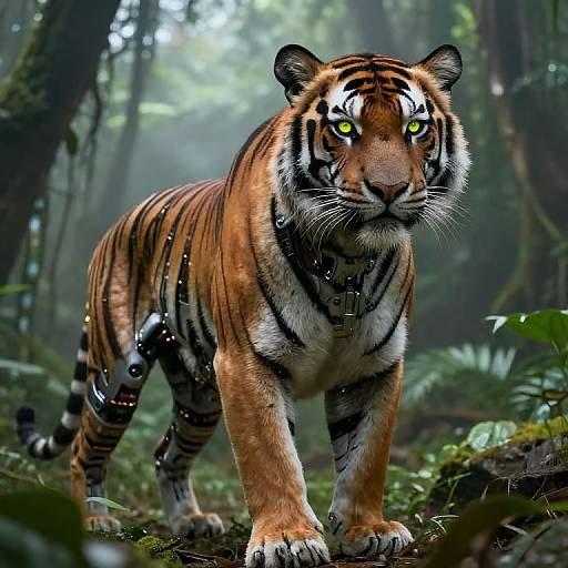 Photorealistic digital image of a majestic Bengal tiger with striking yellow eyes, vivid orange and black stripes, and a metallic collar, walking through a dense