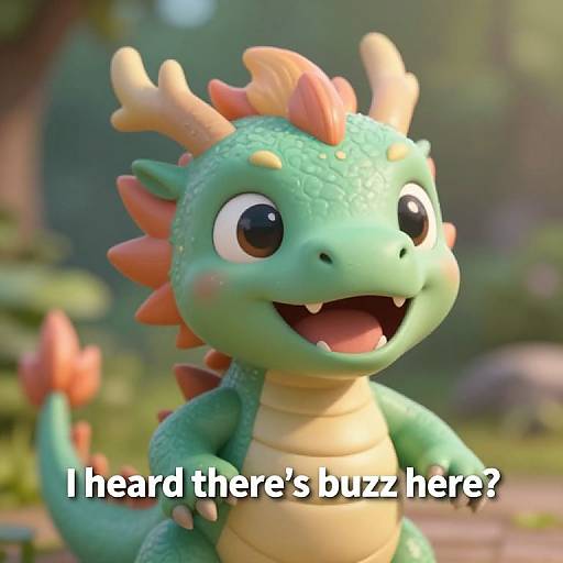 Photograph of a cute, cartoon-style green dragon with orange spines and horns, smiling with wide eyes, in a blurred forest background. Text reads