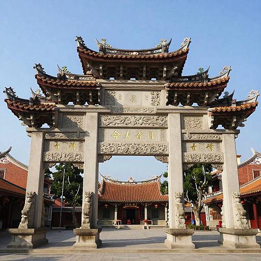 Photograph of a traditional Chinese gate with ornate, tiered, red-tiled roof, intricately carved stone pillars, and yellow Chinese characters,