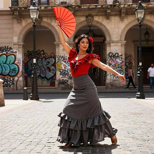 Woman Dancing with Red Fan on Cobblestone Street