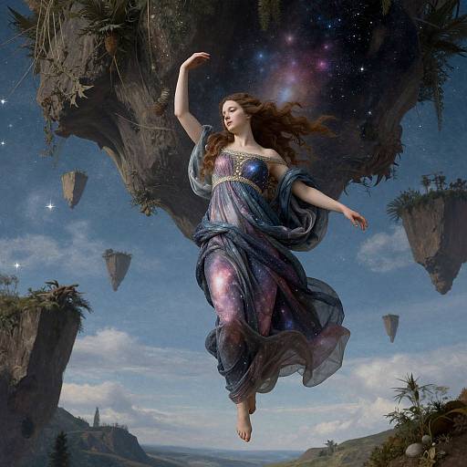 Dreamy digital painting of a floating, ethereal woman in a flowing, starry dress, surrounded by floating islands and a starry night sky.
