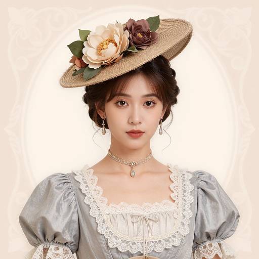 Photograph of an Asian woman with fair skin, wearing a vintage-style grey dress with white lace, and a straw hat adorned with flowers, against a